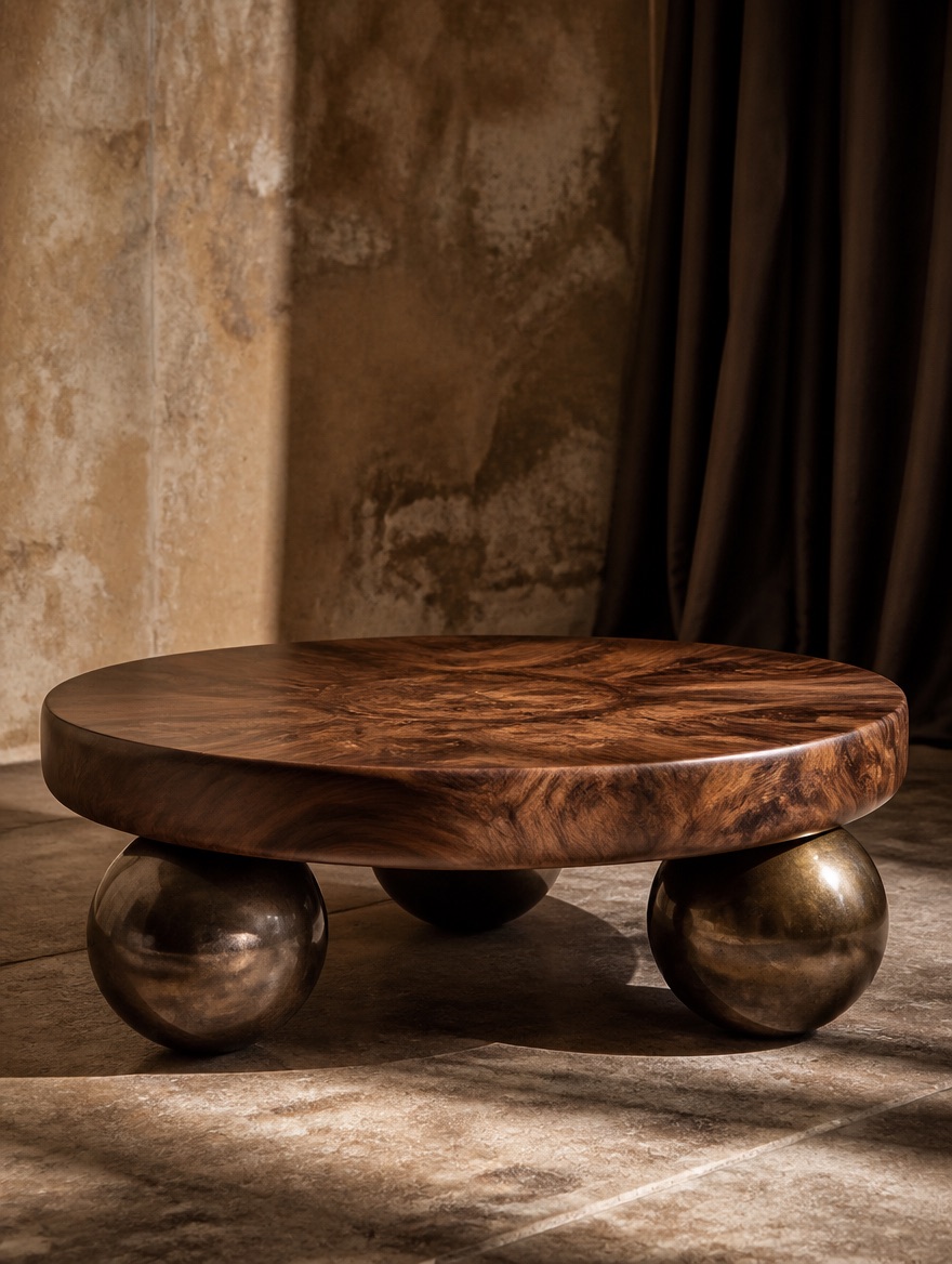 Atlas — detail of the three patinated bronze sphere feet beneath the burled walnut top
