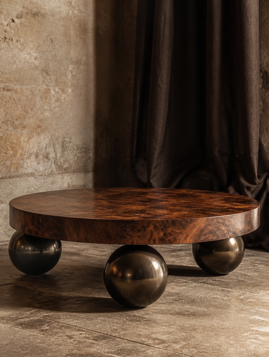 Atlas — burled walnut coffee table standing on three polished bronze spheres