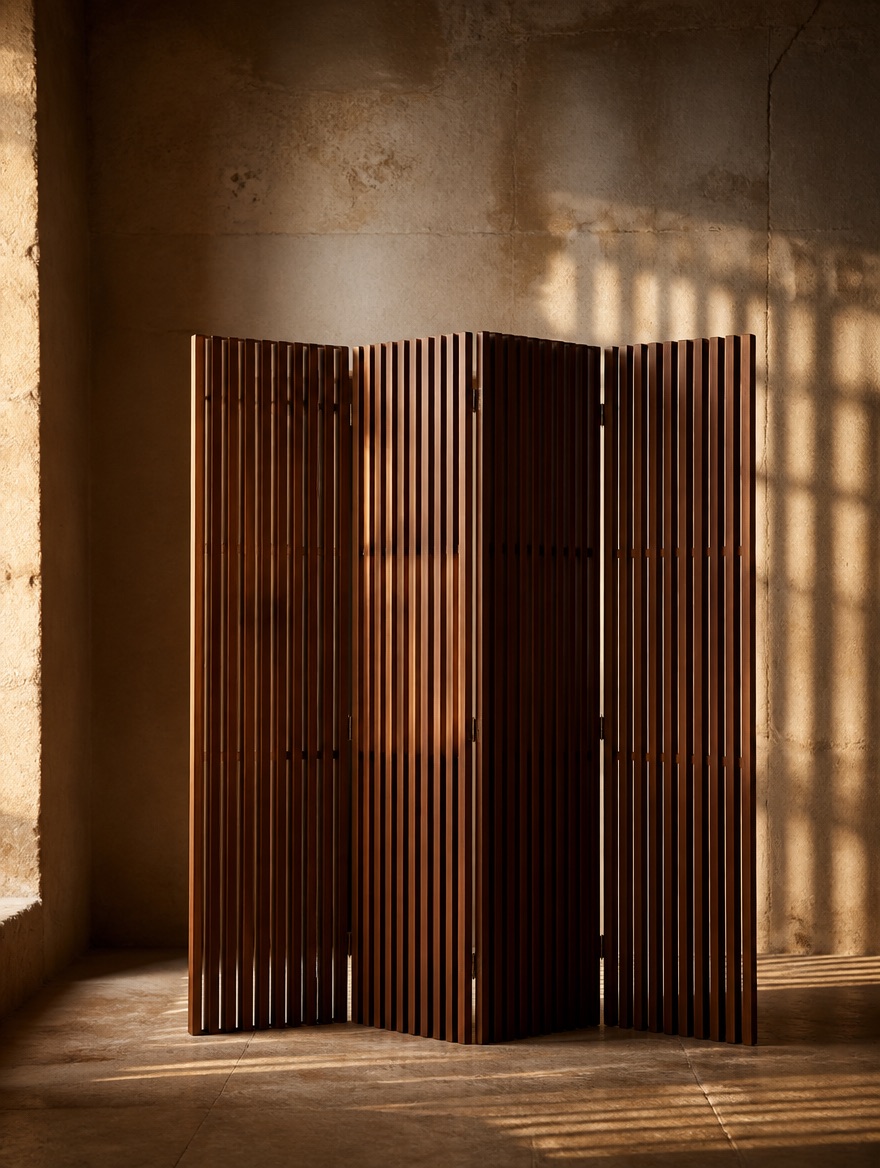 Cadence — detail of the walnut slats at varying spacing, light falling between them