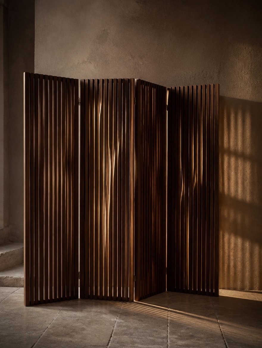 Cadence — folding screen of vertical walnut slats casting striped shadows
