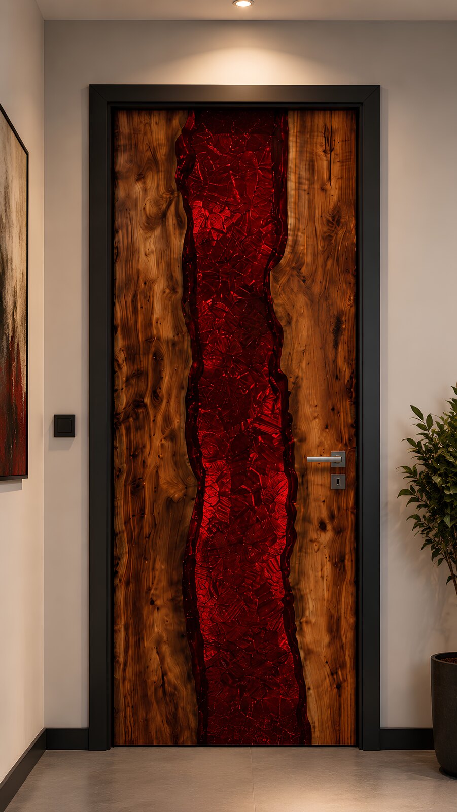 Carmine — pivot door in burled walnut with a red cast-resin river