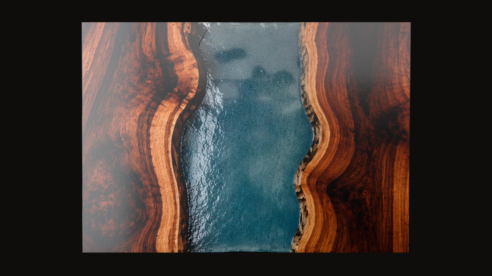 Resin river running between two live-edge walnut slabs on a blackened-steel base