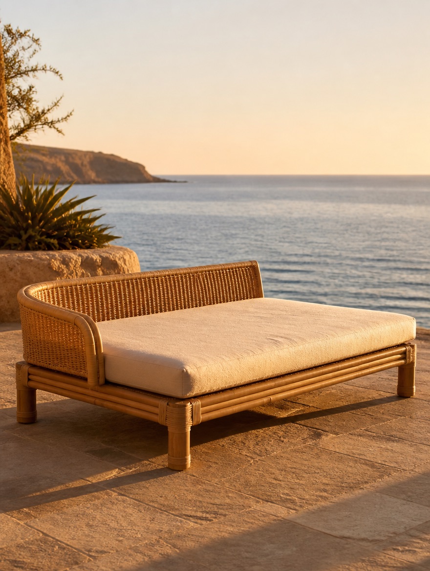 Meridian — bamboo daybed with a linen cushion on a stone terrace by the sea