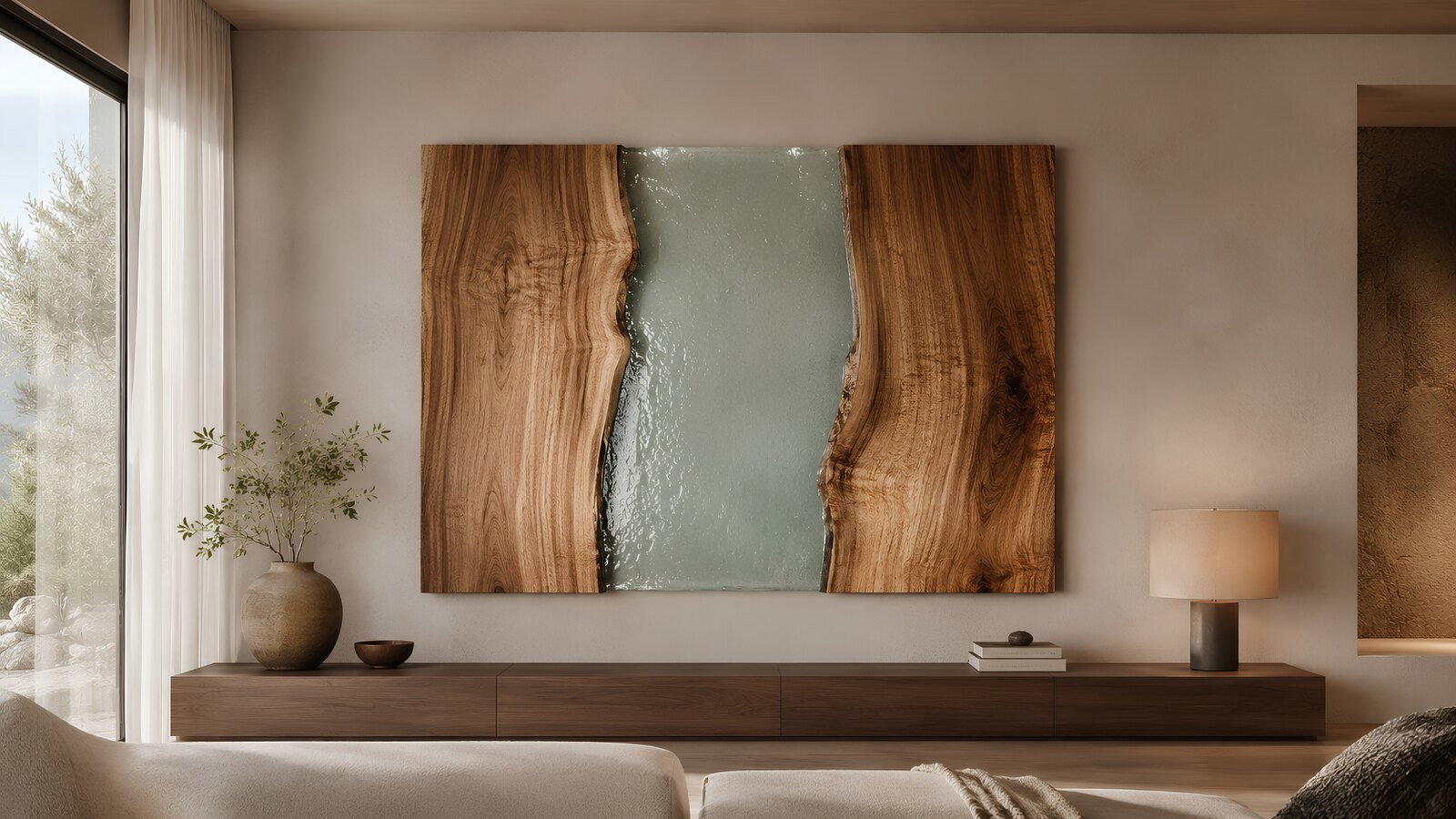 Ondine — feature wall of walnut slabs and pale green cast resin